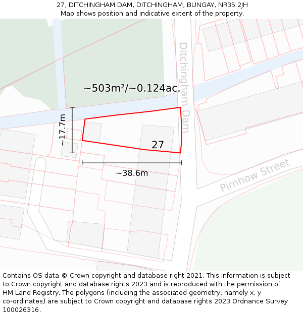 27, DITCHINGHAM DAM, DITCHINGHAM, BUNGAY, NR35 2JH: Plot and title map