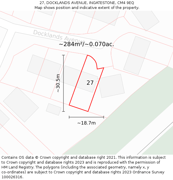 27, DOCKLANDS AVENUE, INGATESTONE, CM4 9EQ: Plot and title map