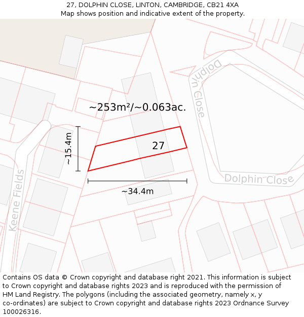 27, DOLPHIN CLOSE, LINTON, CAMBRIDGE, CB21 4XA: Plot and title map