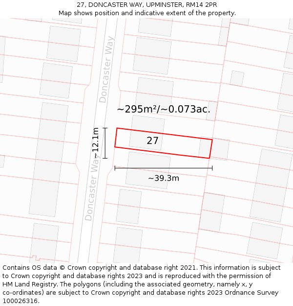27, DONCASTER WAY, UPMINSTER, RM14 2PR: Plot and title map