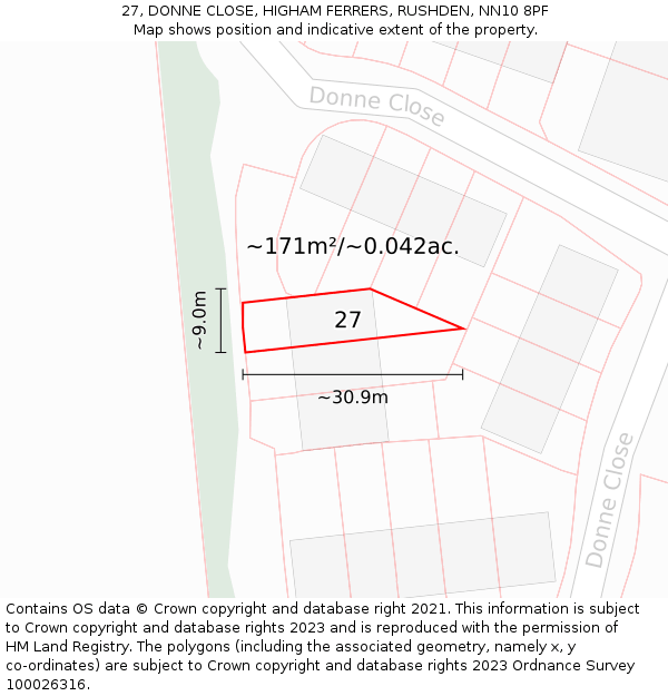 27, DONNE CLOSE, HIGHAM FERRERS, RUSHDEN, NN10 8PF: Plot and title map