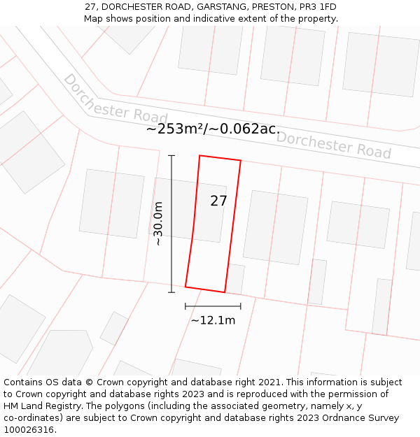 27, DORCHESTER ROAD, GARSTANG, PRESTON, PR3 1FD: Plot and title map