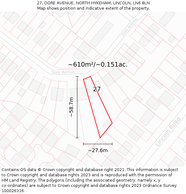 27, DORE AVENUE, NORTH HYKEHAM, LINCOLN, LN6 8LN: Plot and title map