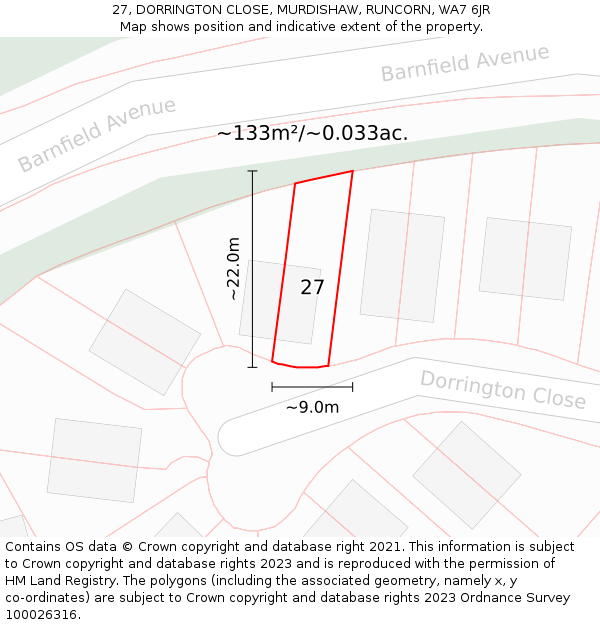 27, DORRINGTON CLOSE, MURDISHAW, RUNCORN, WA7 6JR: Plot and title map
