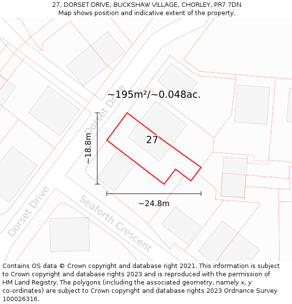 27, DORSET DRIVE, BUCKSHAW VILLAGE, CHORLEY, PR7 7DN: Plot and title map