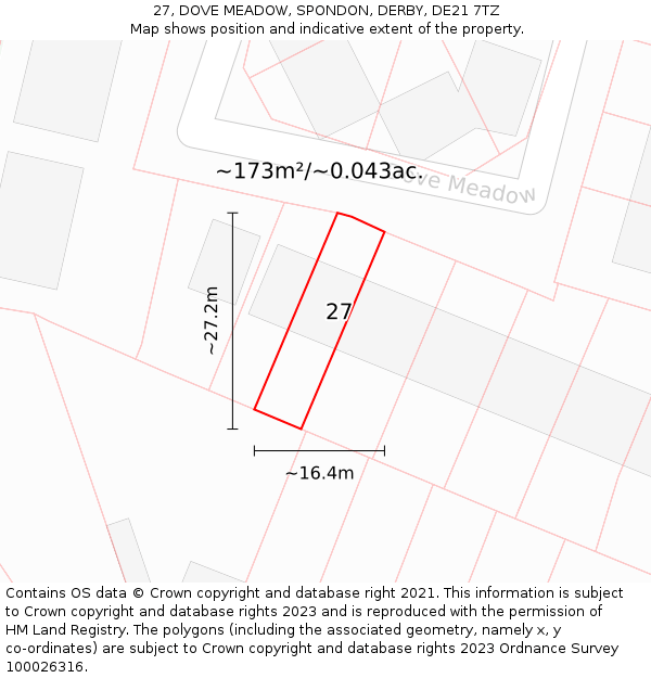 27, DOVE MEADOW, SPONDON, DERBY, DE21 7TZ: Plot and title map