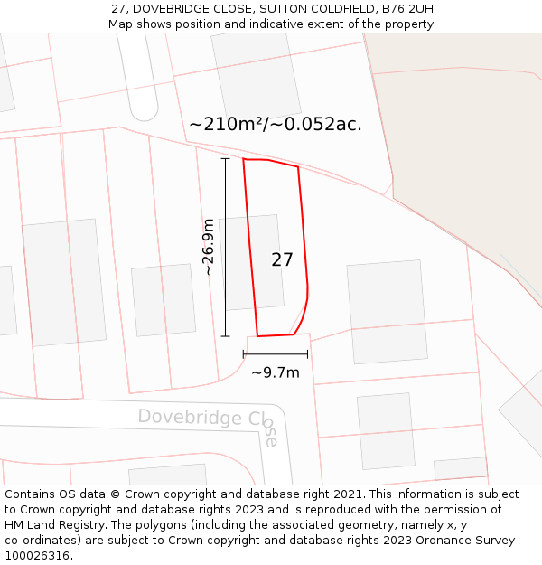 27, DOVEBRIDGE CLOSE, SUTTON COLDFIELD, B76 2UH: Plot and title map