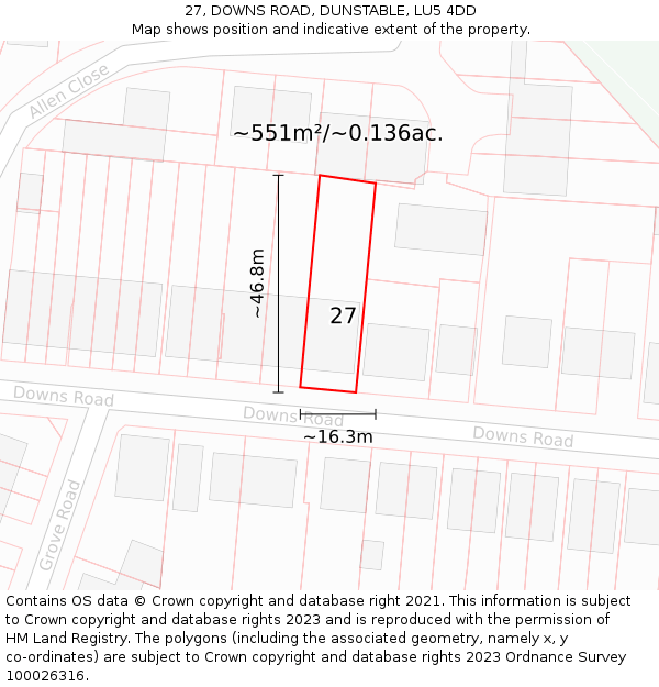 27, DOWNS ROAD, DUNSTABLE, LU5 4DD: Plot and title map