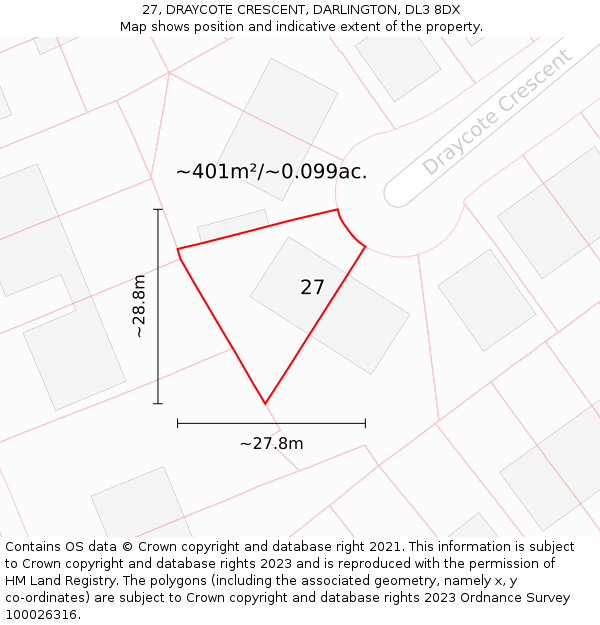 27, DRAYCOTE CRESCENT, DARLINGTON, DL3 8DX: Plot and title map