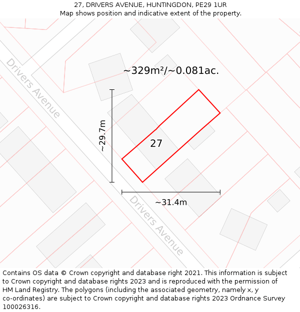 27, DRIVERS AVENUE, HUNTINGDON, PE29 1UR: Plot and title map