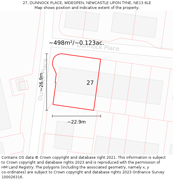 27, DUNNOCK PLACE, WIDEOPEN, NEWCASTLE UPON TYNE, NE13 6LE: Plot and title map