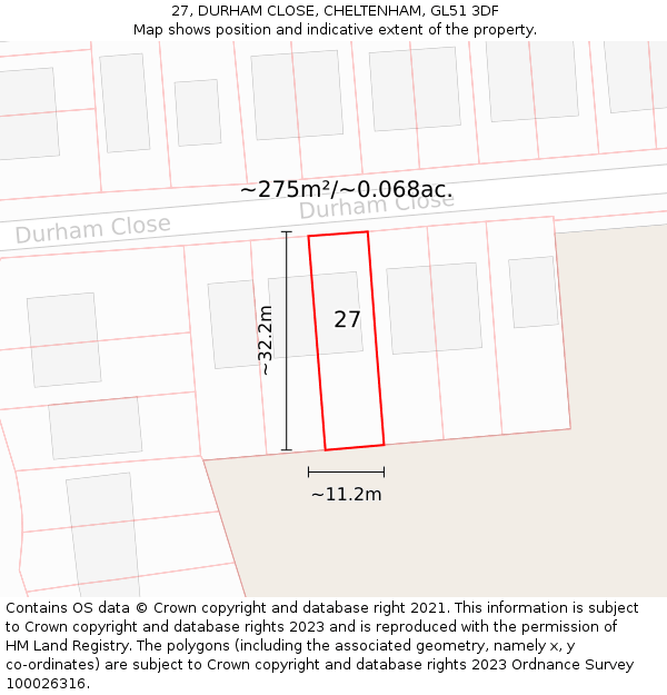 27, DURHAM CLOSE, CHELTENHAM, GL51 3DF: Plot and title map