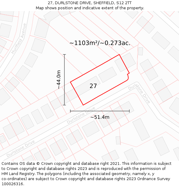 27, DURLSTONE DRIVE, SHEFFIELD, S12 2TT: Plot and title map
