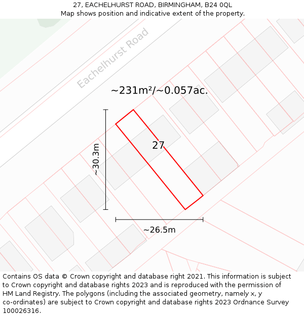 27, EACHELHURST ROAD, BIRMINGHAM, B24 0QL: Plot and title map
