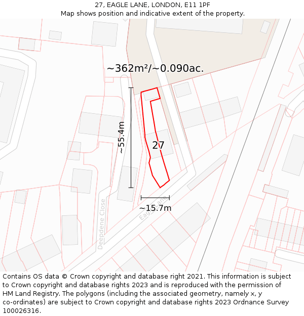 27, EAGLE LANE, LONDON, E11 1PF: Plot and title map