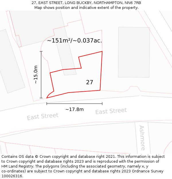 27, EAST STREET, LONG BUCKBY, NORTHAMPTON, NN6 7RB: Plot and title map