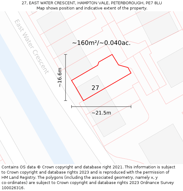 27, EAST WATER CRESCENT, HAMPTON VALE, PETERBOROUGH, PE7 8LU: Plot and title map