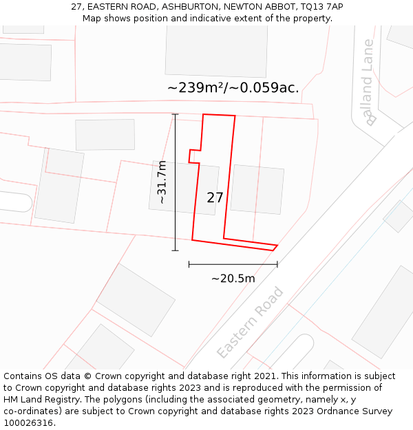27, EASTERN ROAD, ASHBURTON, NEWTON ABBOT, TQ13 7AP: Plot and title map