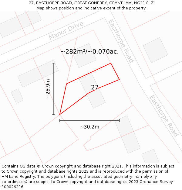 27, EASTHORPE ROAD, GREAT GONERBY, GRANTHAM, NG31 8LZ: Plot and title map