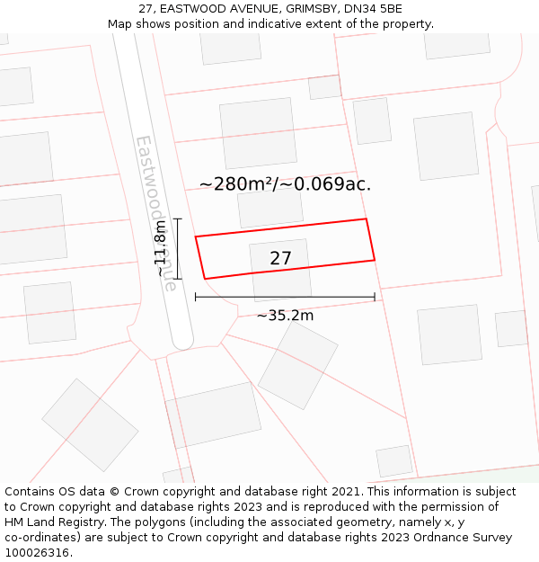 27, EASTWOOD AVENUE, GRIMSBY, DN34 5BE: Plot and title map