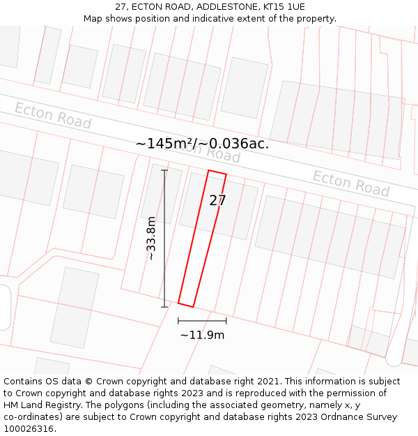 27, ECTON ROAD, ADDLESTONE, KT15 1UE: Plot and title map