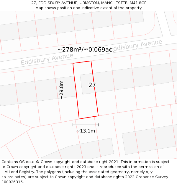 27, EDDISBURY AVENUE, URMSTON, MANCHESTER, M41 8GE: Plot and title map
