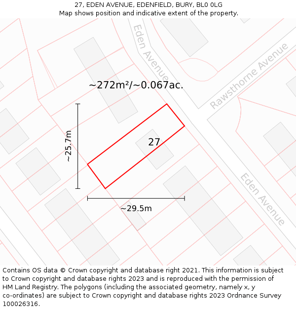 27, EDEN AVENUE, EDENFIELD, BURY, BL0 0LG: Plot and title map