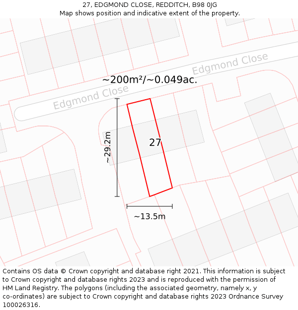 27, EDGMOND CLOSE, REDDITCH, B98 0JG: Plot and title map