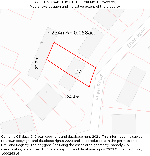 27, EHEN ROAD, THORNHILL, EGREMONT, CA22 2SJ: Plot and title map