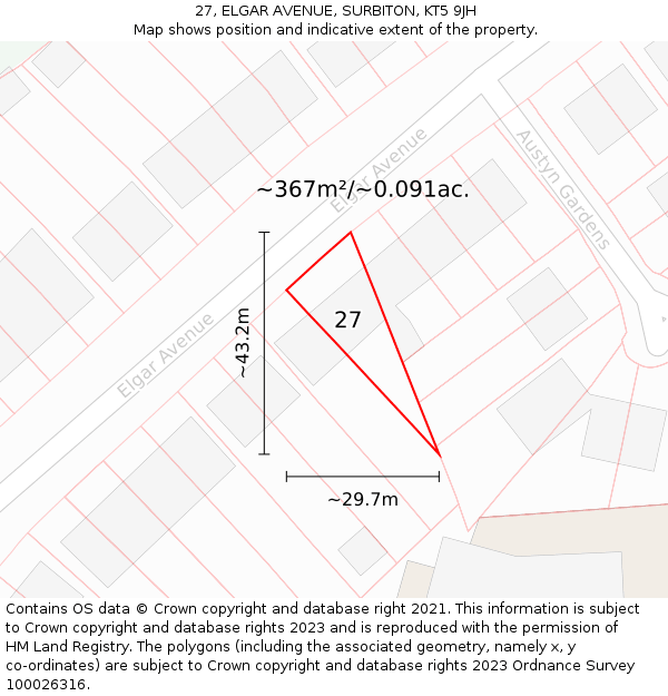 27, ELGAR AVENUE, SURBITON, KT5 9JH: Plot and title map