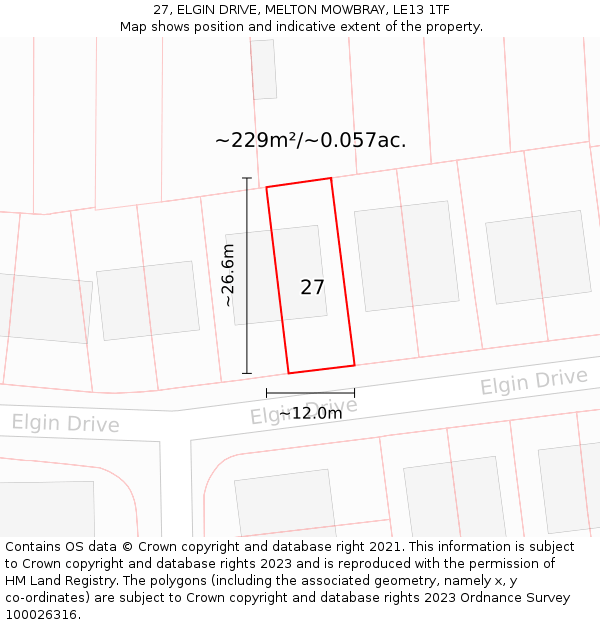 27, ELGIN DRIVE, MELTON MOWBRAY, LE13 1TF: Plot and title map