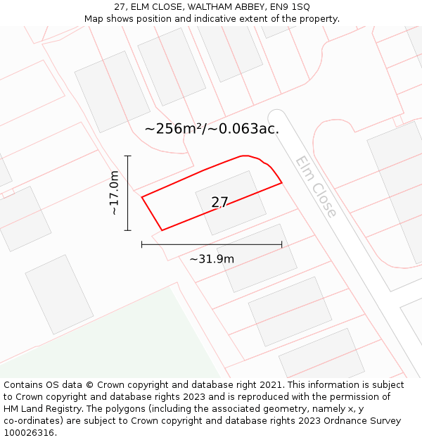 27, ELM CLOSE, WALTHAM ABBEY, EN9 1SQ: Plot and title map