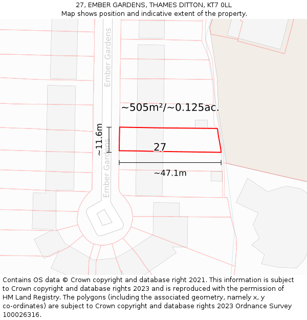 27, EMBER GARDENS, THAMES DITTON, KT7 0LL: Plot and title map