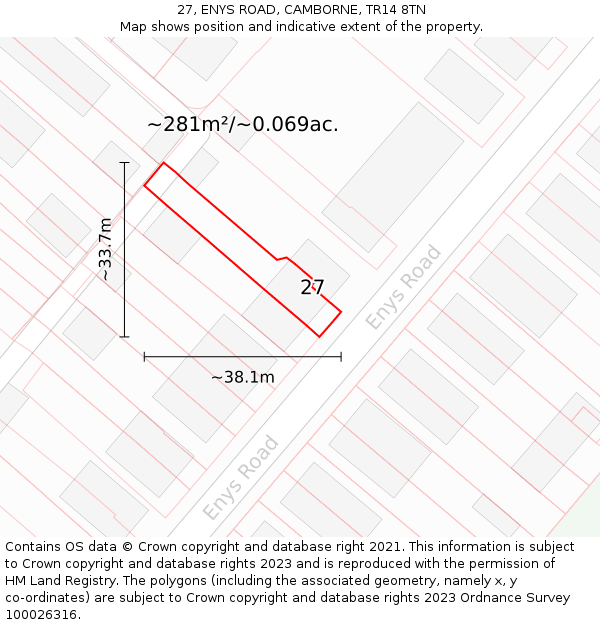 27, ENYS ROAD, CAMBORNE, TR14 8TN: Plot and title map