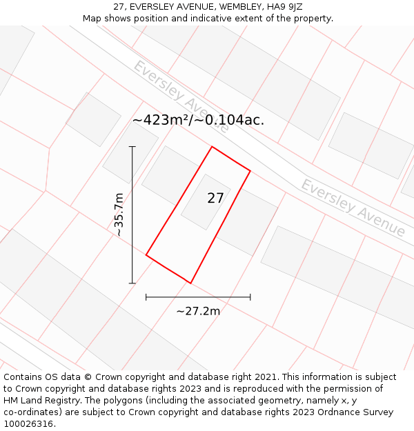 27, EVERSLEY AVENUE, WEMBLEY, HA9 9JZ: Plot and title map