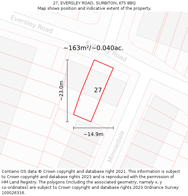 27, EVERSLEY ROAD, SURBITON, KT5 8BQ: Plot and title map