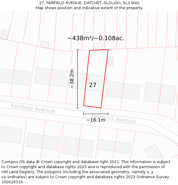 27, FAIRFIELD AVENUE, DATCHET, SLOUGH, SL3 9NQ: Plot and title map