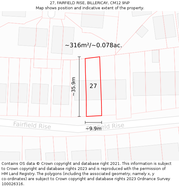 27, FAIRFIELD RISE, BILLERICAY, CM12 9NP: Plot and title map