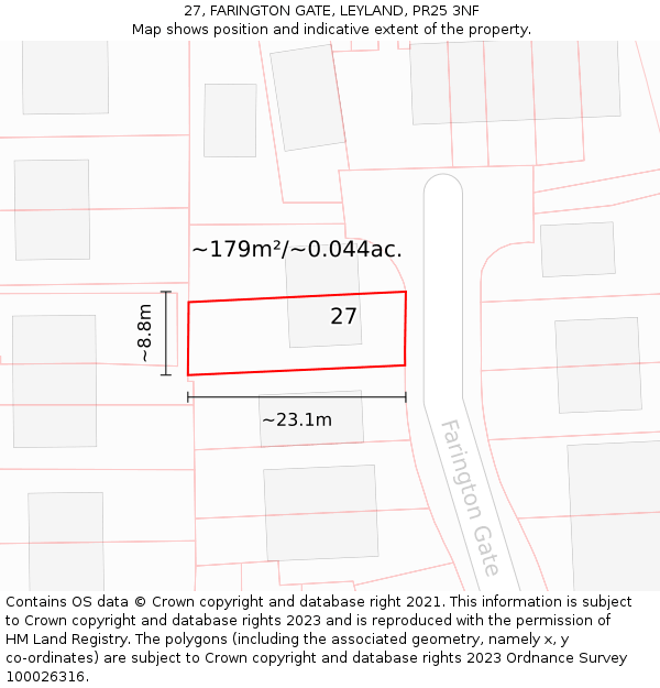 27, FARINGTON GATE, LEYLAND, PR25 3NF: Plot and title map