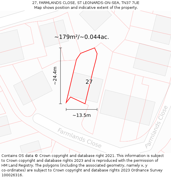 27, FARMLANDS CLOSE, ST LEONARDS-ON-SEA, TN37 7UE: Plot and title map