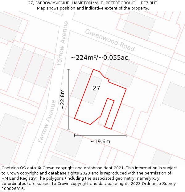 27, FARROW AVENUE, HAMPTON VALE, PETERBOROUGH, PE7 8HT: Plot and title map