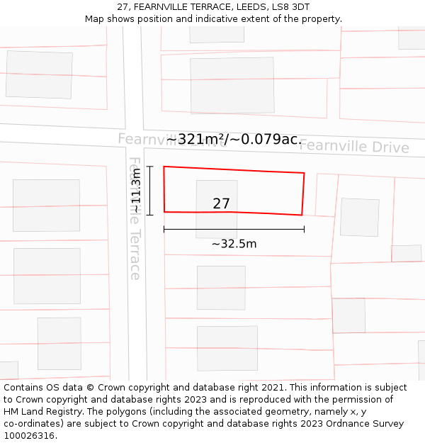 27, FEARNVILLE TERRACE, LEEDS, LS8 3DT: Plot and title map