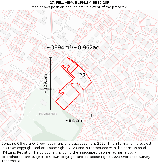 27, FELL VIEW, BURNLEY, BB10 2SF: Plot and title map