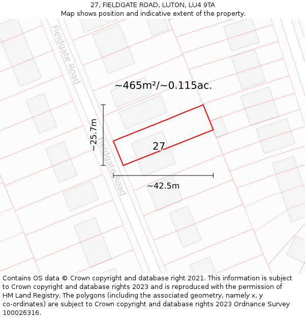 27, FIELDGATE ROAD, LUTON, LU4 9TA: Plot and title map