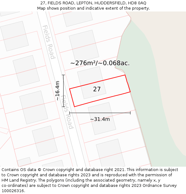 27, FIELDS ROAD, LEPTON, HUDDERSFIELD, HD8 0AQ: Plot and title map