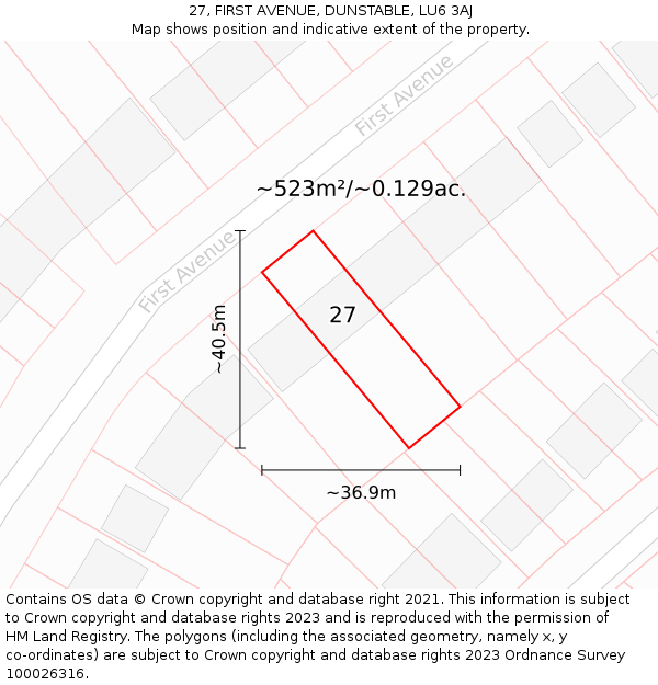 27, FIRST AVENUE, DUNSTABLE, LU6 3AJ: Plot and title map