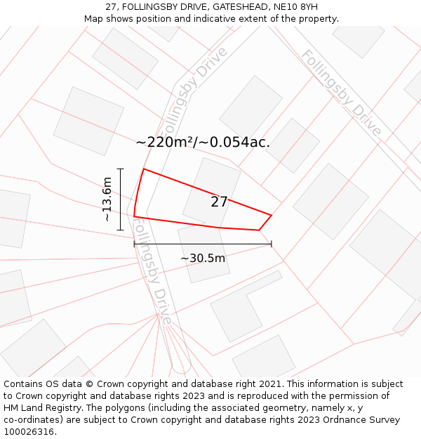 27, FOLLINGSBY DRIVE, GATESHEAD, NE10 8YH: Plot and title map