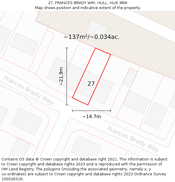 27, FRANCES BRADY WAY, HULL, HU9 3BW: Plot and title map