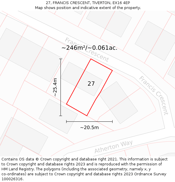 27, FRANCIS CRESCENT, TIVERTON, EX16 4EP: Plot and title map