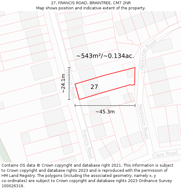 27, FRANCIS ROAD, BRAINTREE, CM7 2NR: Plot and title map